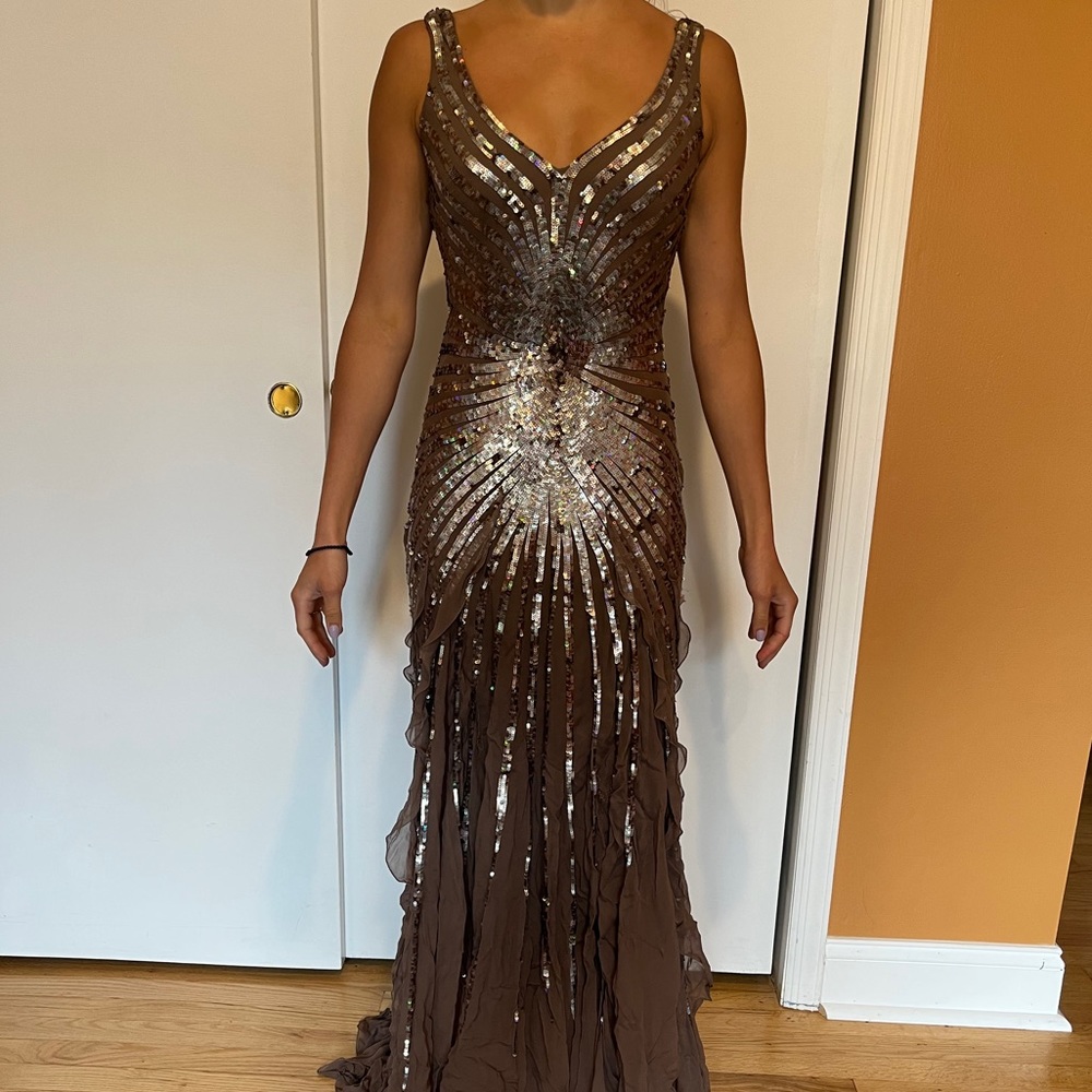 V neck sequin charcoal grey long formal dress
